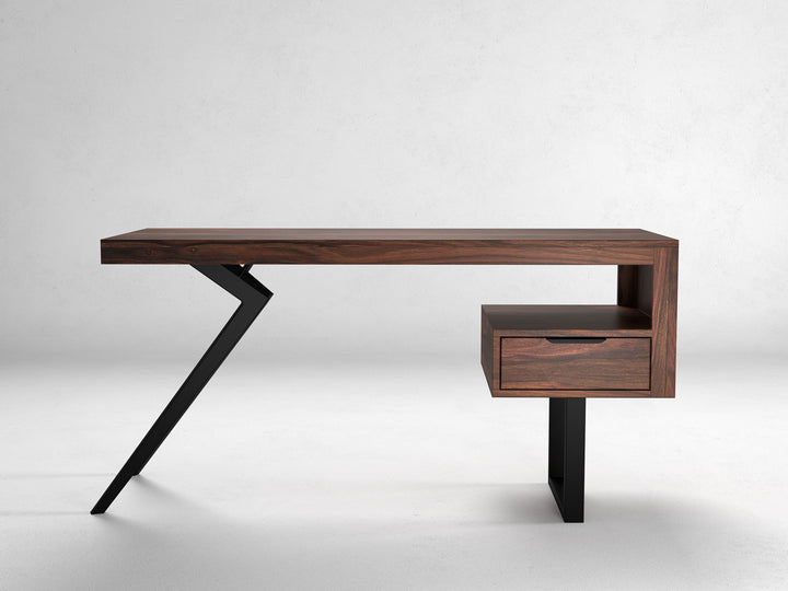Desk, solid sheesham wood and steel, 1 drawer
