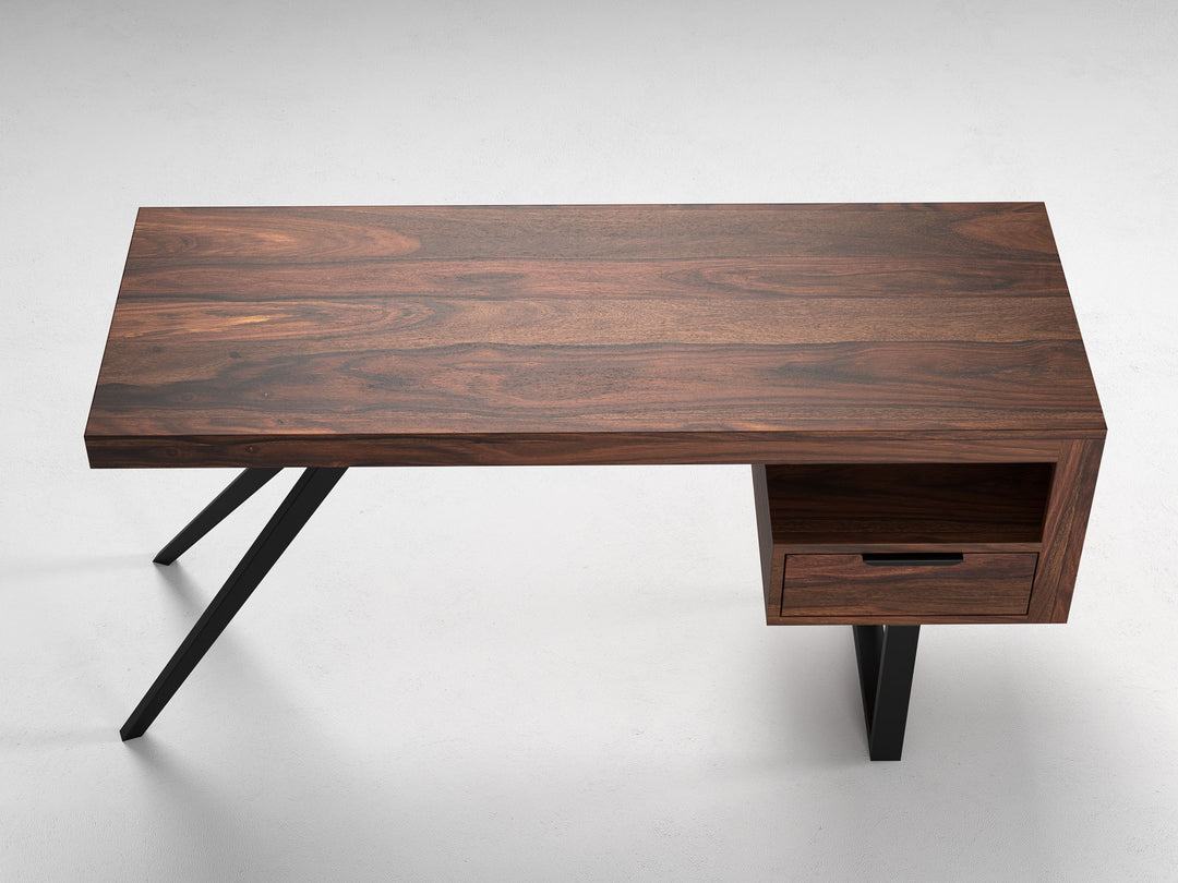 Desk, solid sheesham wood and steel, 1 drawer