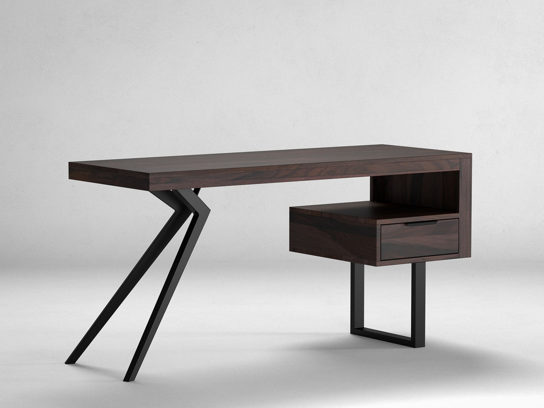Desk, solid sheesham wood and steel, 1 drawer