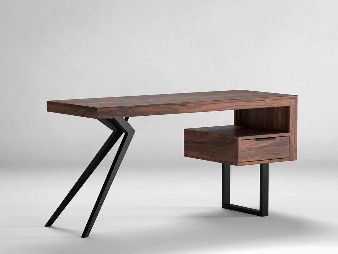 Desk, solid sheesham wood and steel, 1 drawer