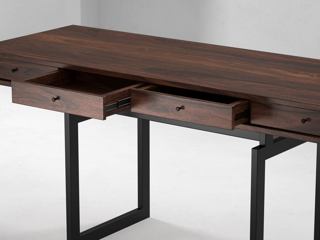 Desk, solid sheesham wood and steel, 4 drawers
