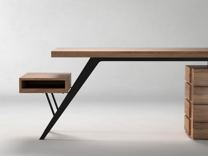 Desk, solid acacia wood and steel, 4 drawers