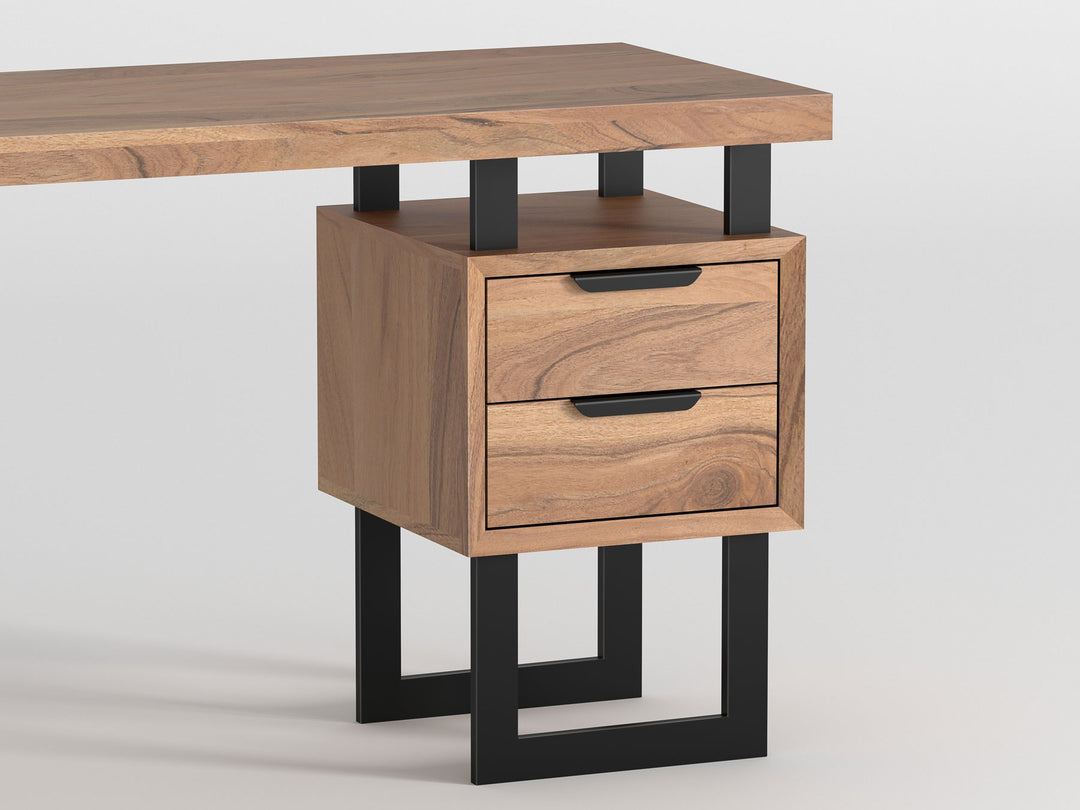 Desk with two drawers made of solid acacia wood and carbon steel