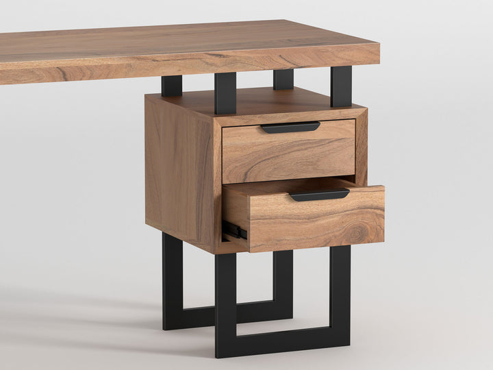 Desk with two drawers made of solid acacia wood and carbon steel