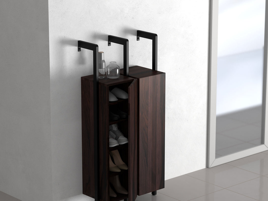 Shoe rack, solid sheesham wood and steel, 2 doors