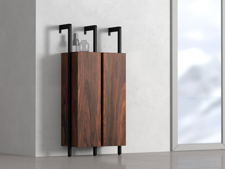 Shoe rack, solid sheesham wood and steel, 2 doors