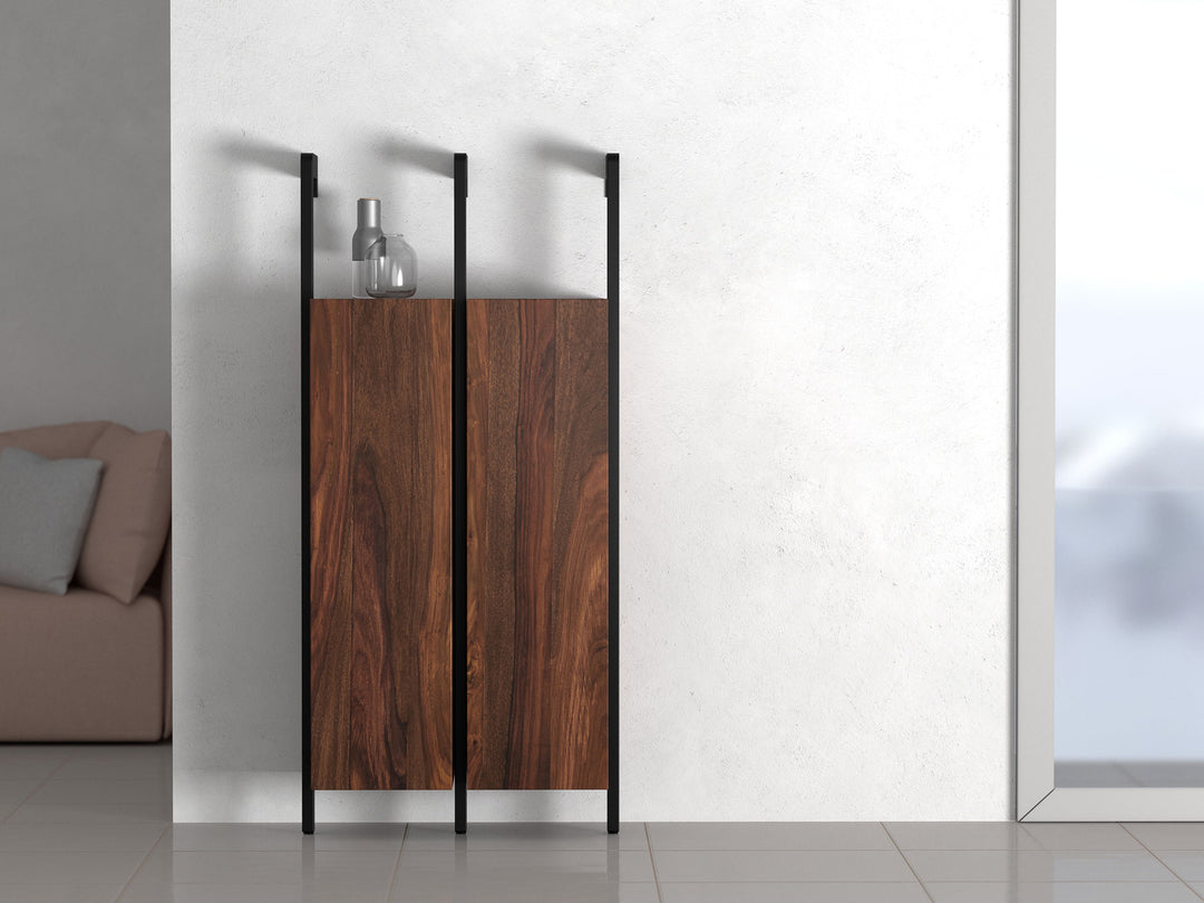 Shoe rack, solid sheesham wood and steel, 2 doors