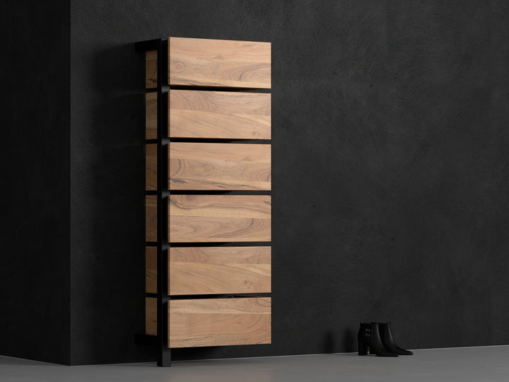 Shoe rack, solid acacia wood and steel, 6 doors