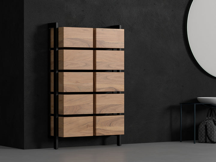 Shoe rack, solid acacia wood and steel, 10 doors