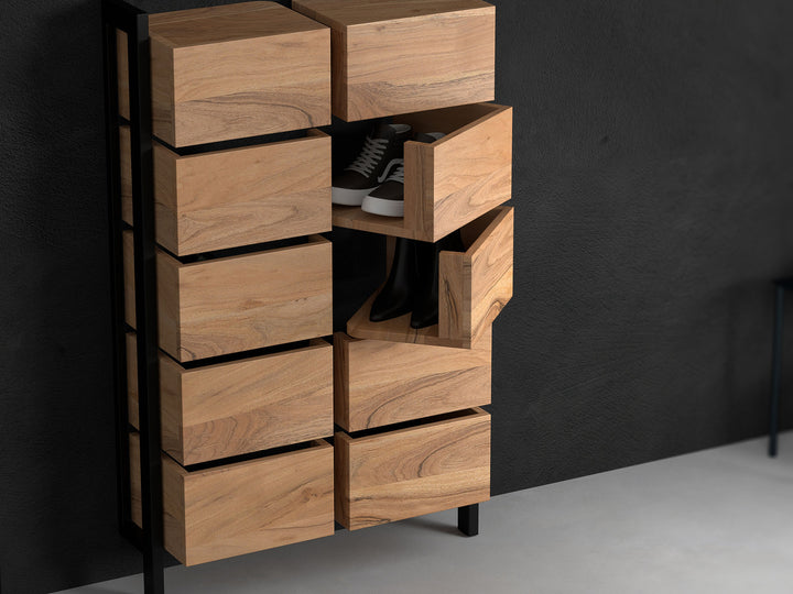 Shoe rack, solid acacia wood and steel, 10 doors