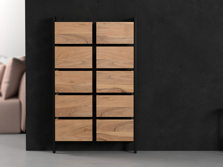 Shoe rack, solid acacia wood and steel, 10 doors