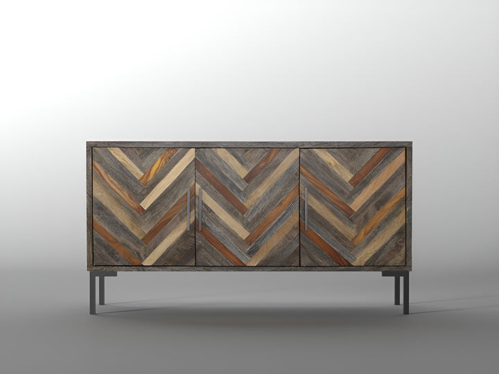 Sideboard with three doors made of solid mango wood with solid sheesham and carbon steel