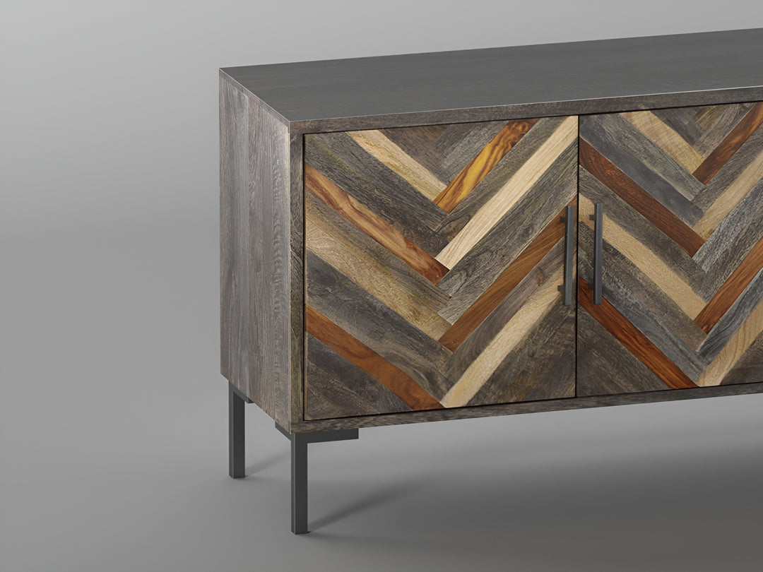 Sideboard with three doors made of solid mango wood with solid sheesham and carbon steel