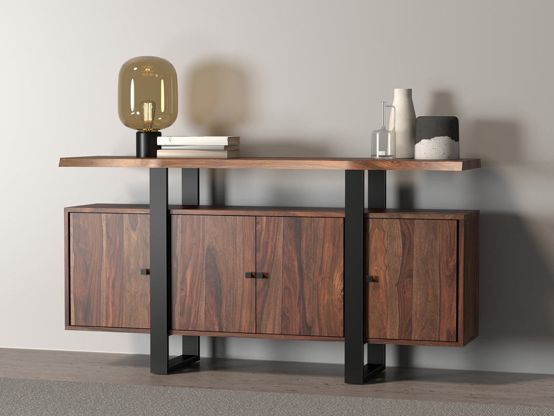 Sideboard with four doors made of solid sheesham wood and carbon steel