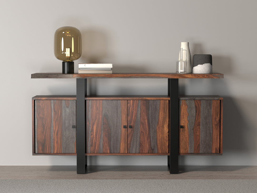 Sideboard with four doors made of solid sheesham wood and carbon steel