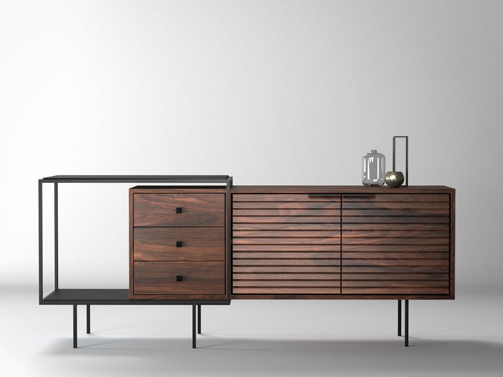 Sideboard, solid sheesham wood and steel, 2 doors and 3 drawers