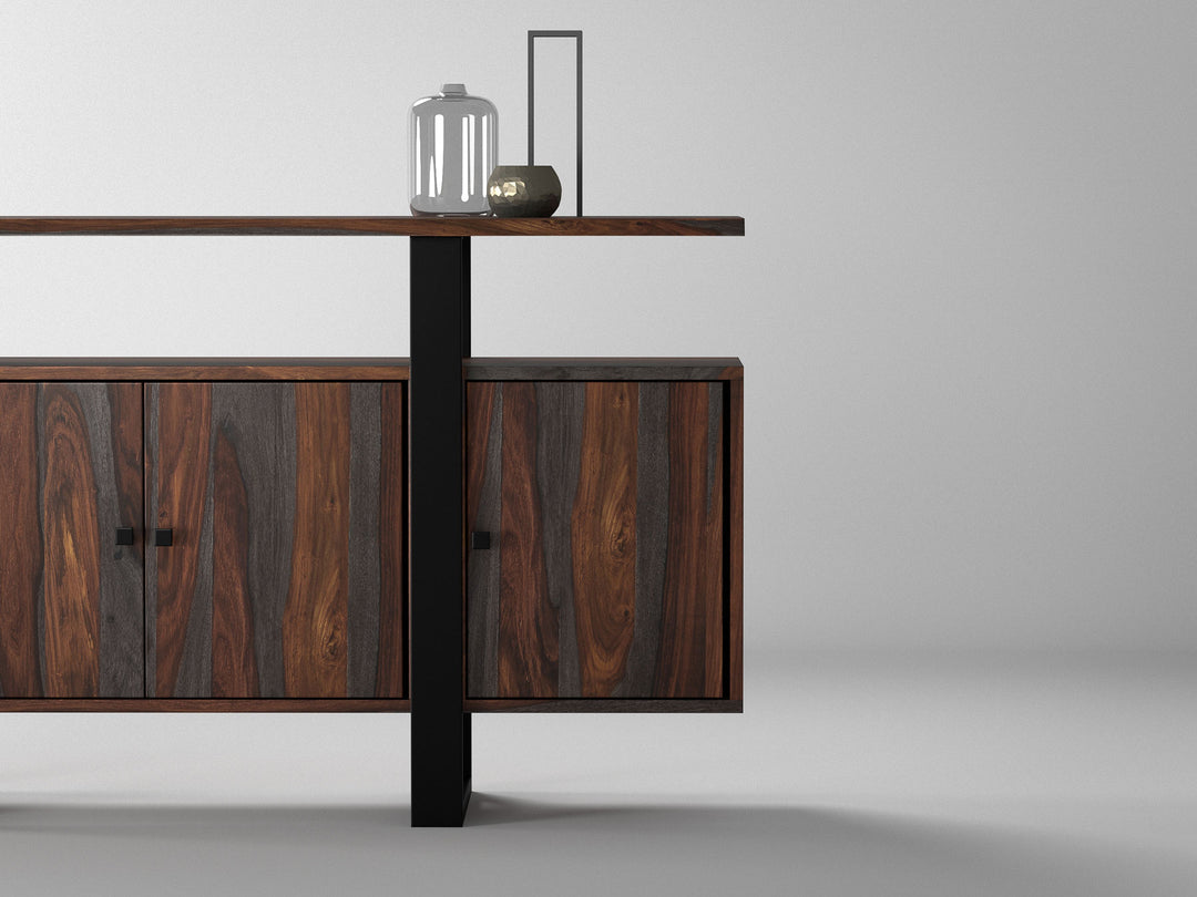Sideboard, solid sheesham wood and steel, 4 doors