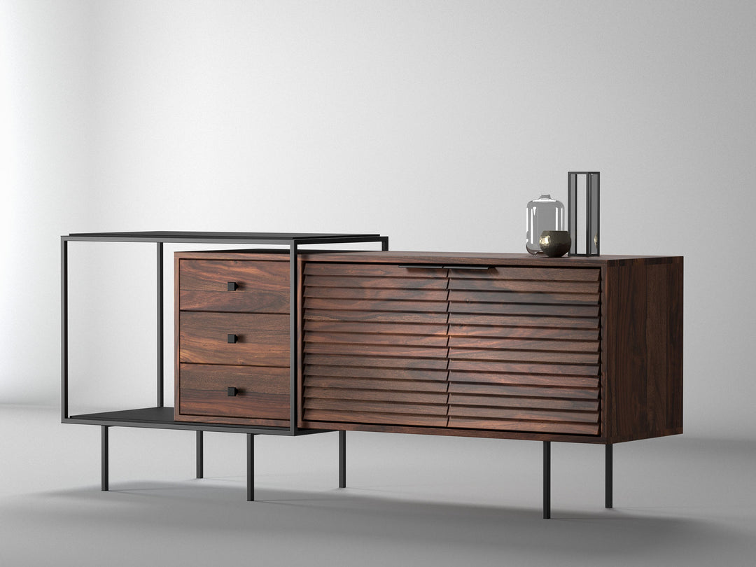 Sideboard, solid sheesham wood and steel, 2 doors and 3 drawers