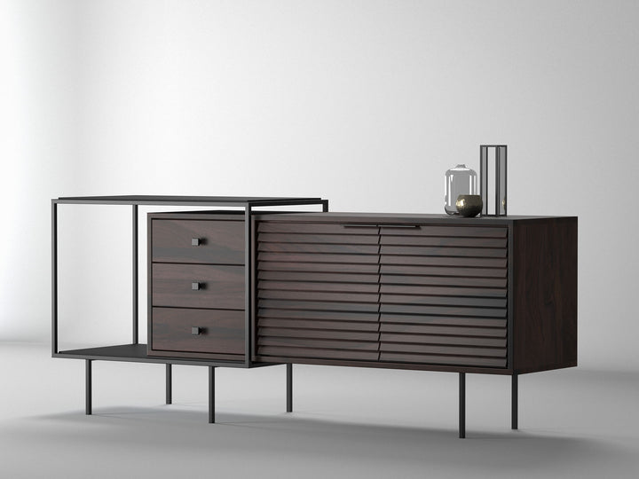 Sideboard, solid sheesham wood and steel, 2 doors and 3 drawers