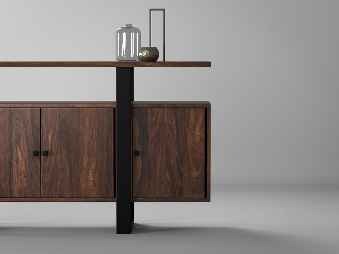 Sideboard, solid sheesham wood and steel, 4 doors