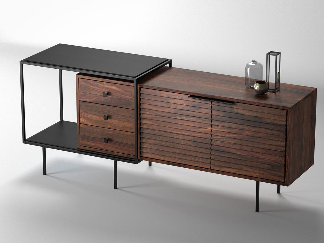Sideboard, solid sheesham wood and steel, 2 doors and 3 drawers