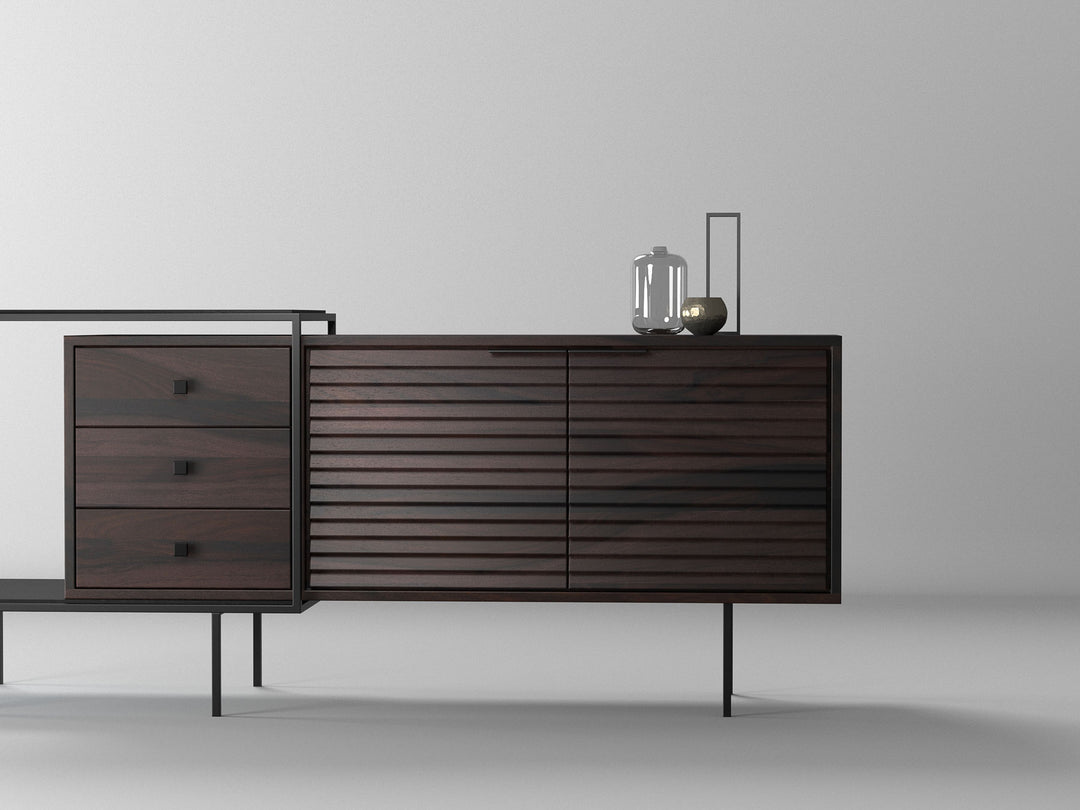 Sideboard, solid sheesham wood and steel, 2 doors and 3 drawers