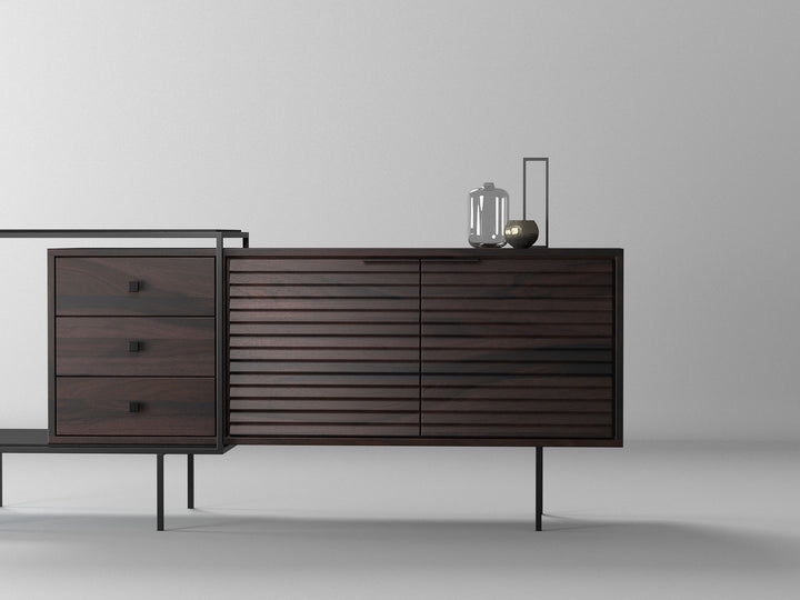 Sideboard, solid sheesham wood and steel, 2 doors and 3 drawers