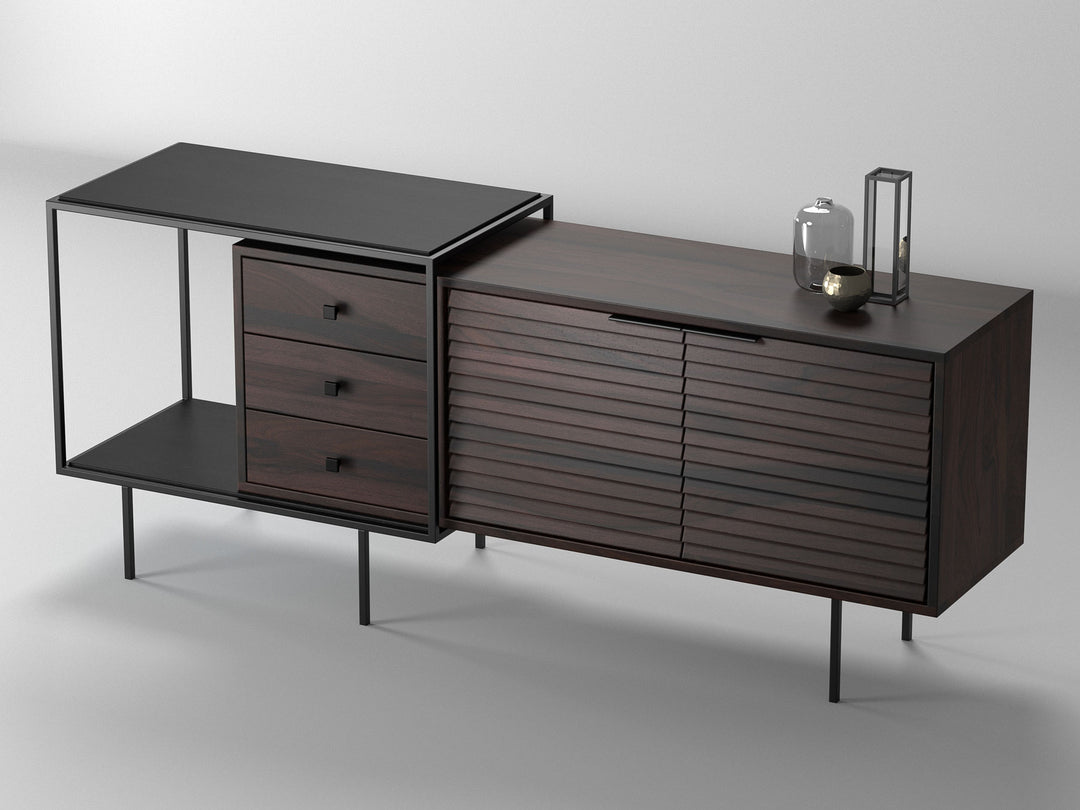 Sideboard, solid sheesham wood and steel, 2 doors and 3 drawers