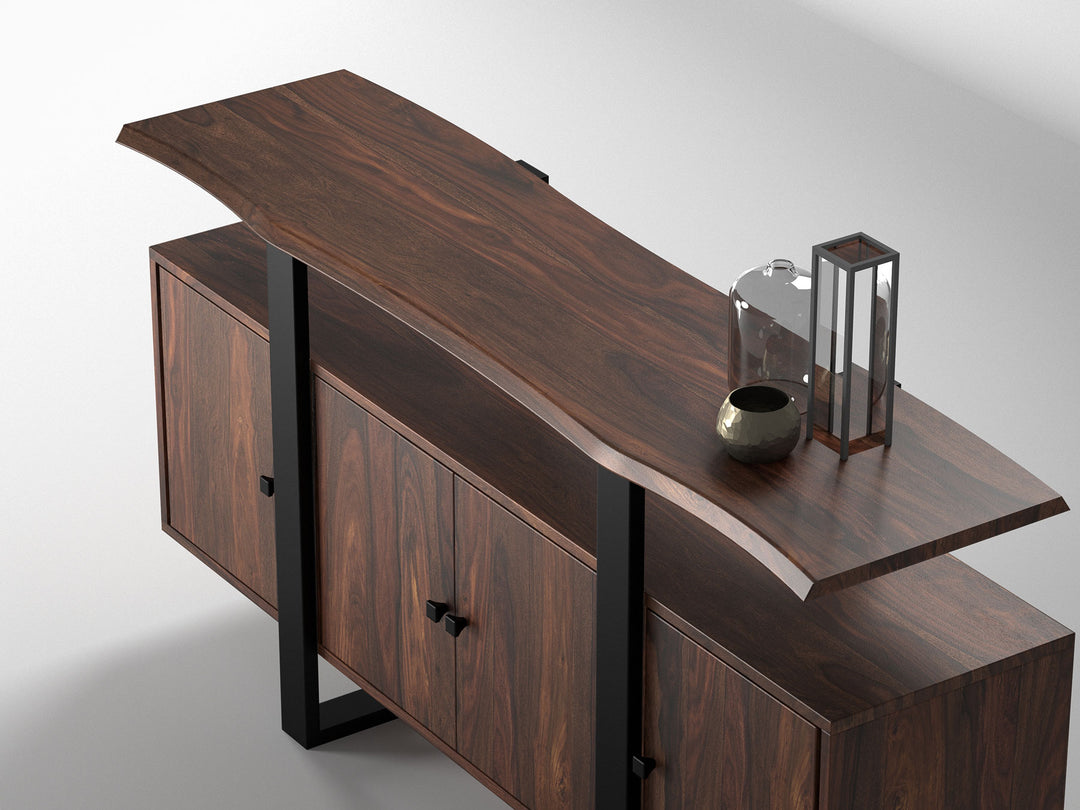 Sideboard, solid sheesham wood and steel, 4 doors