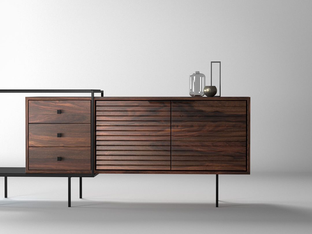 Sideboard, solid sheesham wood and steel, 2 doors and 3 drawers