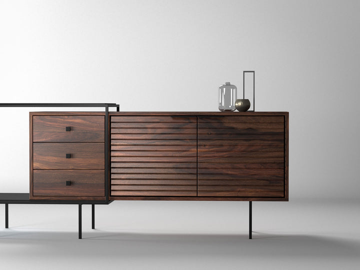 Sideboard, solid sheesham wood and steel, 2 doors and 3 drawers