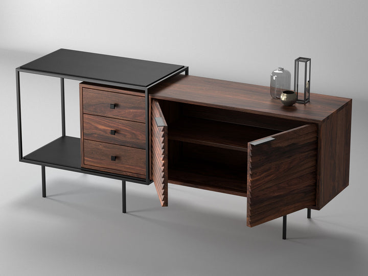 Sideboard, solid sheesham wood and steel, 2 doors and 3 drawers