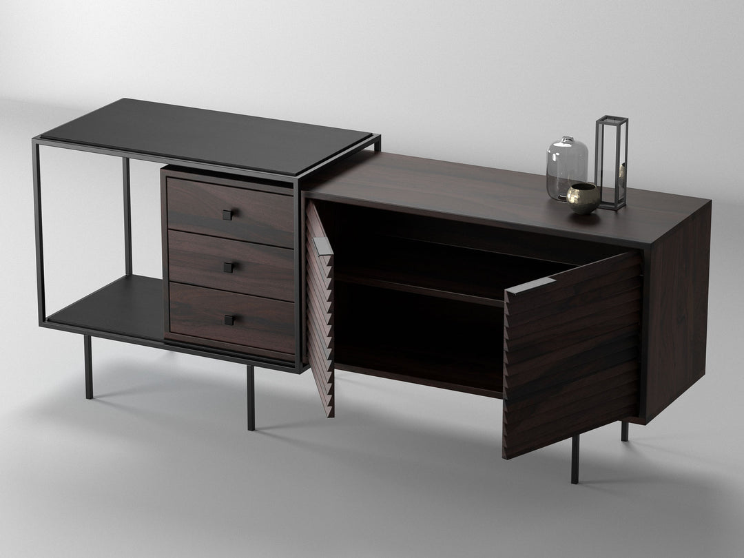 Sideboard, solid sheesham wood and steel, 2 doors and 3 drawers