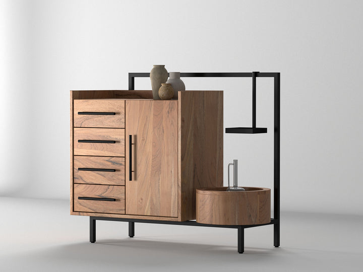 Sideboard, solid acacia wood and steel, 1 door and 4 drawers