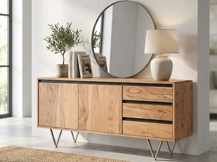 Sideboard, solid acacia wood and steel, 2 doors and 3 drawers