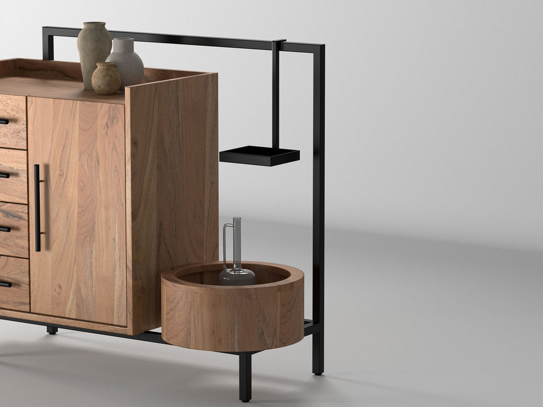 Sideboard, solid acacia wood and steel, 1 door and 4 drawers