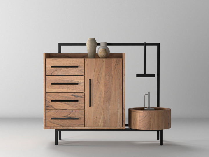 Sideboard, solid acacia wood and steel, 1 door and 4 drawers