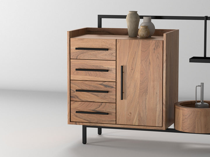 Sideboard, solid acacia wood and steel, 1 door and 4 drawers