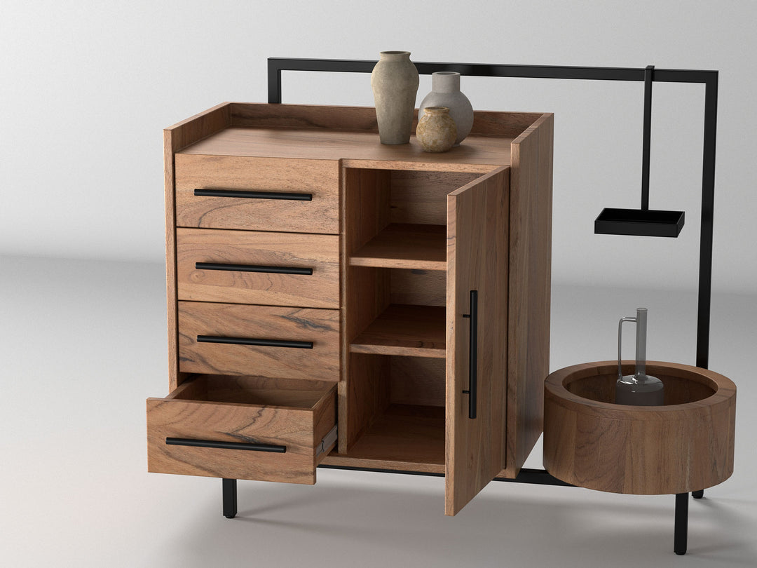 Sideboard, solid acacia wood and steel, 1 door and 4 drawers