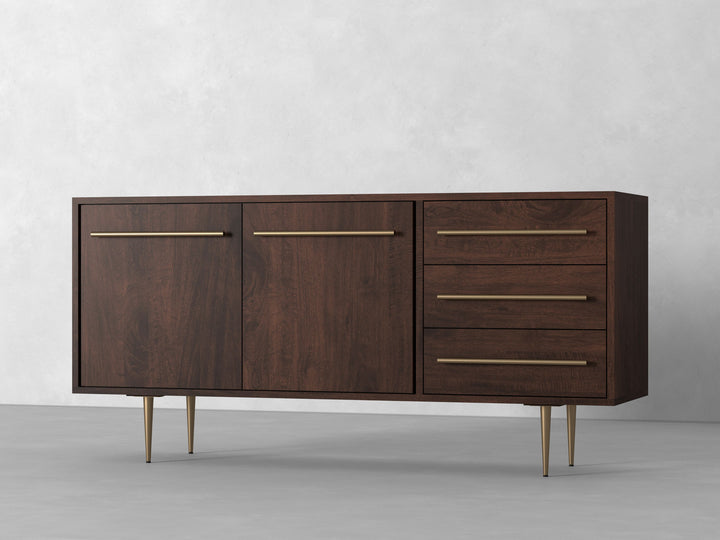 Sideboard with two doors and three drawers made of solid mango wood and carbon steel