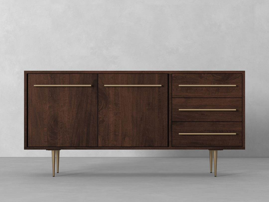 Sideboard with two doors and three drawers made of solid mango wood and carbon steel