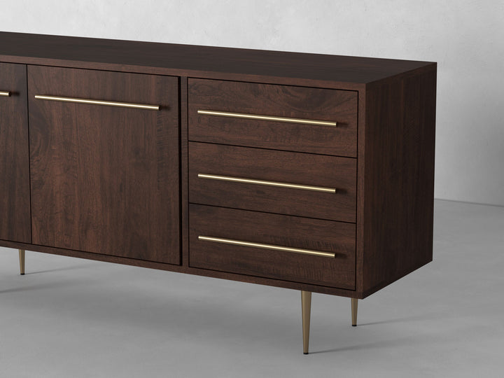 Sideboard with two doors and three drawers made of solid mango wood and carbon steel