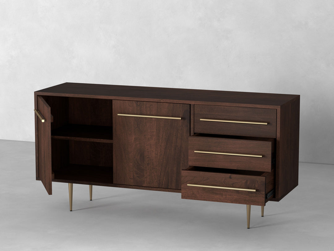 Sideboard with two doors and three drawers made of solid mango wood and carbon steel