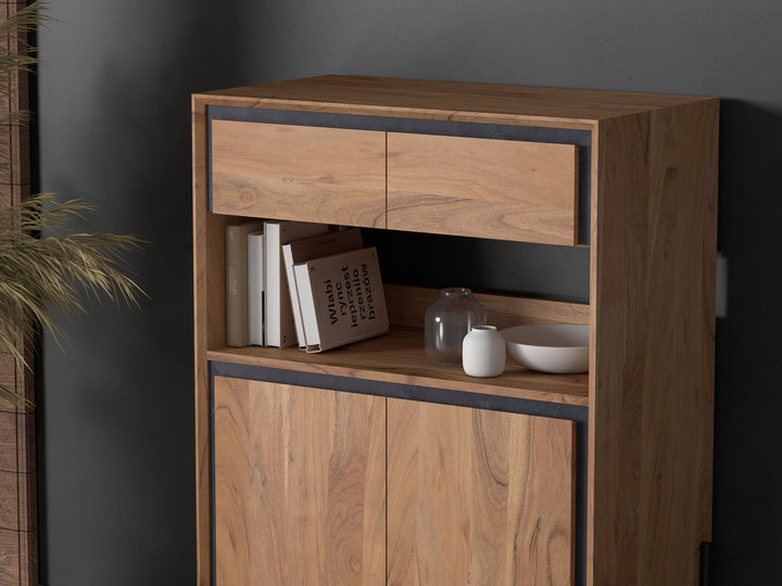 Sideboard with two drawers and two doors made of solid acacia wood and carbon steel