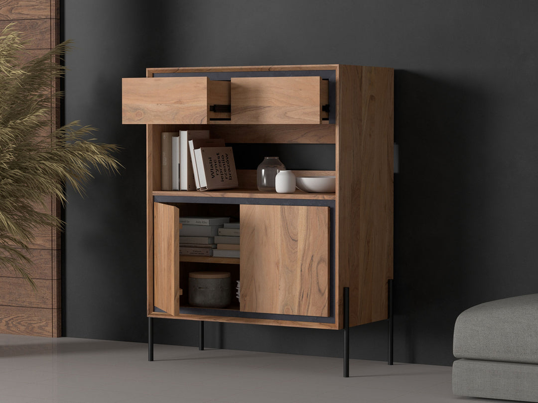 Sideboard with two drawers and two doors made of solid acacia wood and carbon steel