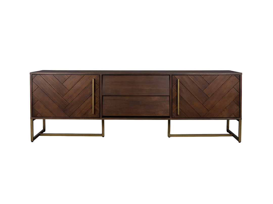 TV unit with two doors and two drawers made of solid mango wood and carbon steel