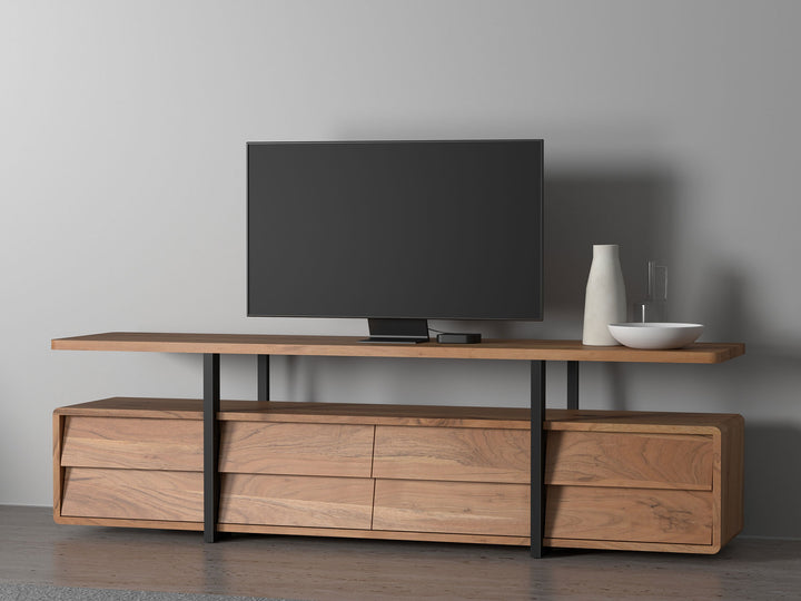 TV unit with four drawers made of solid acacia wood and carbon steel