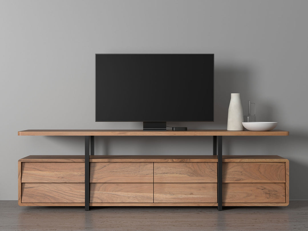 TV unit with four drawers made of solid acacia wood and carbon steel