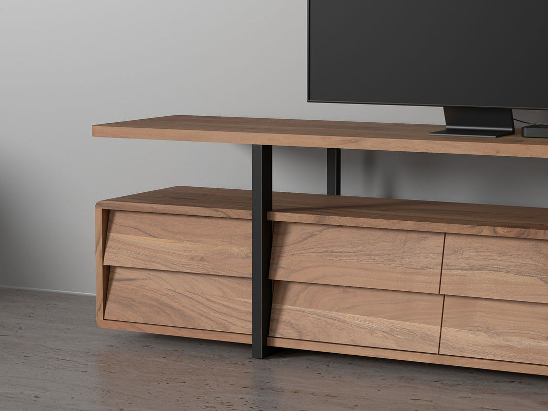 TV unit with four drawers made of solid acacia wood and carbon steel