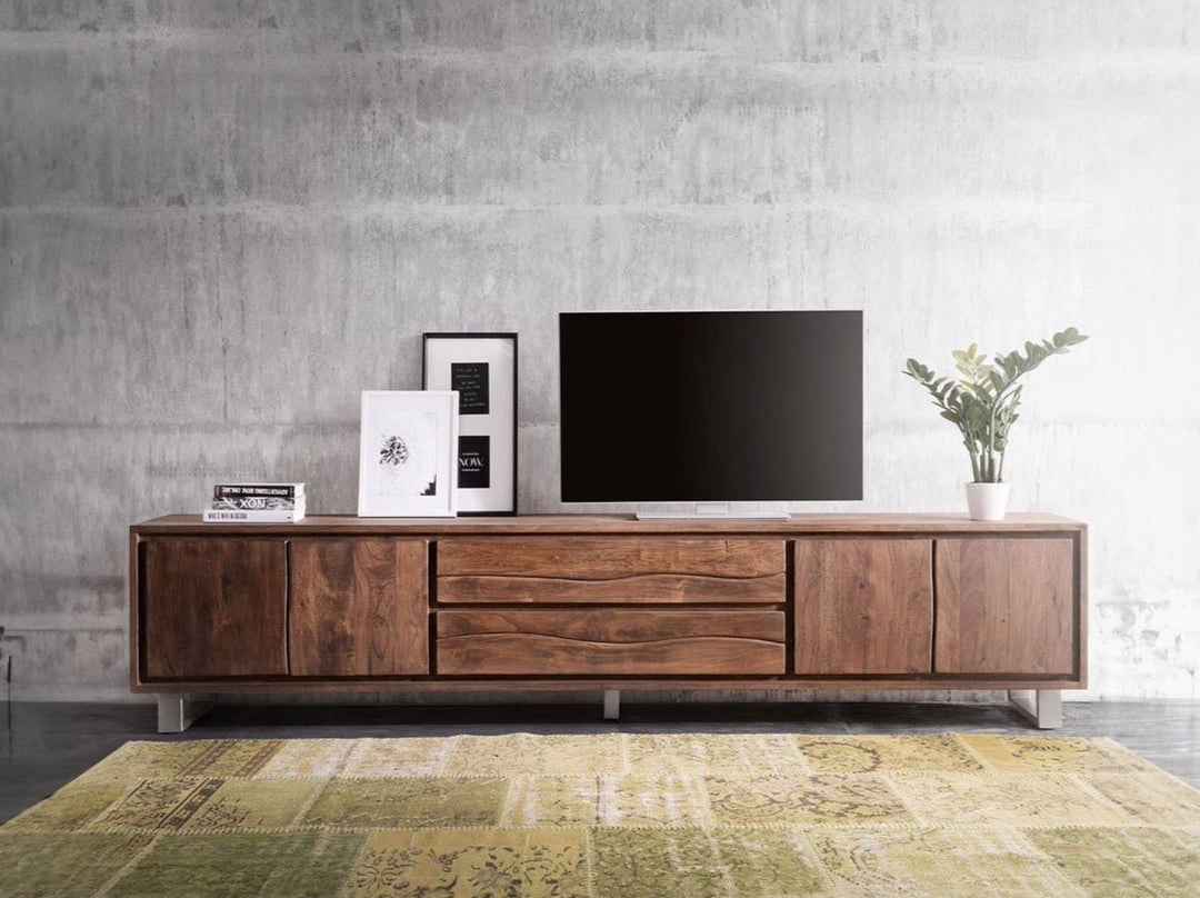 TV unit with four doors and two drawers made of solid acacia wood and carbon steel